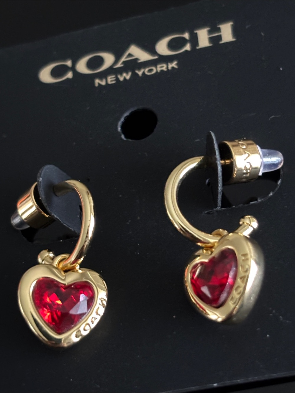 ✨✨Coach Gold-Tone Heart Drop Earrings with Red Hearts💫💫